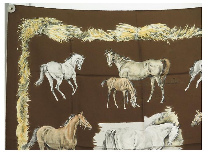 Hermès NUOVO FULLETTO QUADRATO DI SETA VINTAGE HERMES LES POULAINS 90 MARRONE - vista 2
