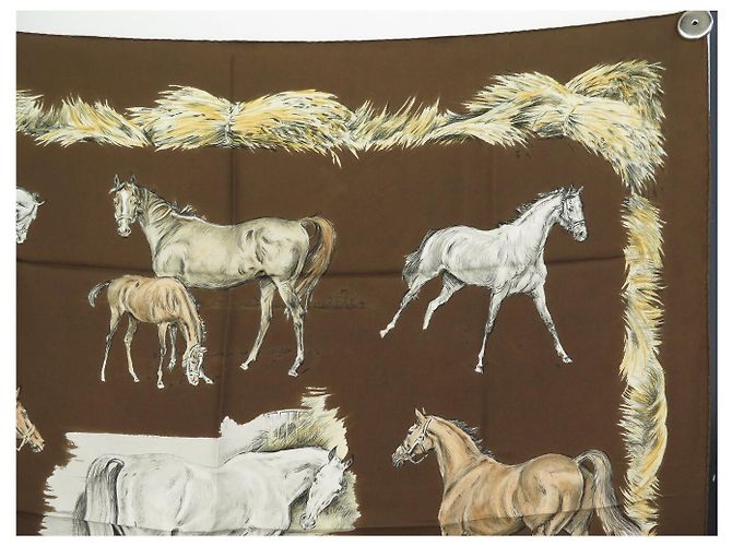 Hermès NUOVO FULLETTO QUADRATO DI SETA VINTAGE HERMES LES POULAINS 90 MARRONE - vista 3
