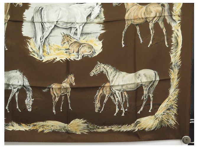 Hermès NUOVO FULLETTO QUADRATO DI SETA VINTAGE HERMES LES POULAINS 90 MARRONE - vista 4