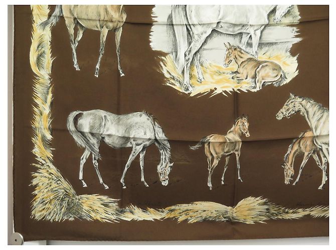 Hermès NUOVO FULLETTO QUADRATO DI SETA VINTAGE HERMES LES POULAINS 90 MARRONE - vista 5