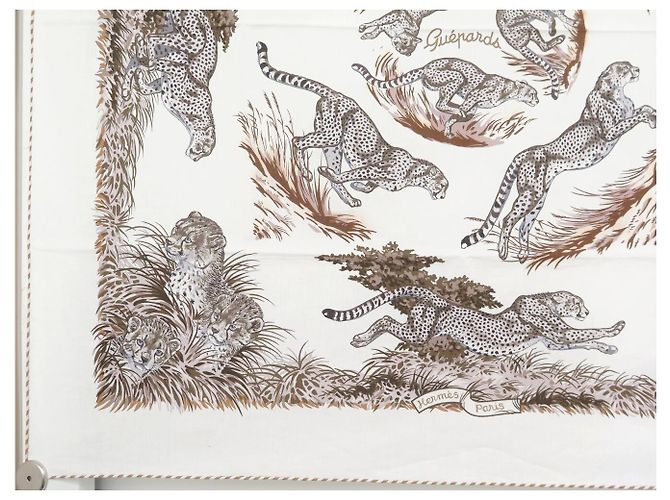 Hermès NUOVO FULLETTO HERMES LES GUEPARDS IN COTONE 80 BIANCO ROBERT DALLET - vista 5