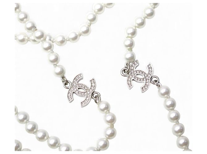 CHANEL SAUTOIR NECKLACE CC LOGOS AND PEARLS 99-106CM SILVER-TONE METAL Silvery - view 3