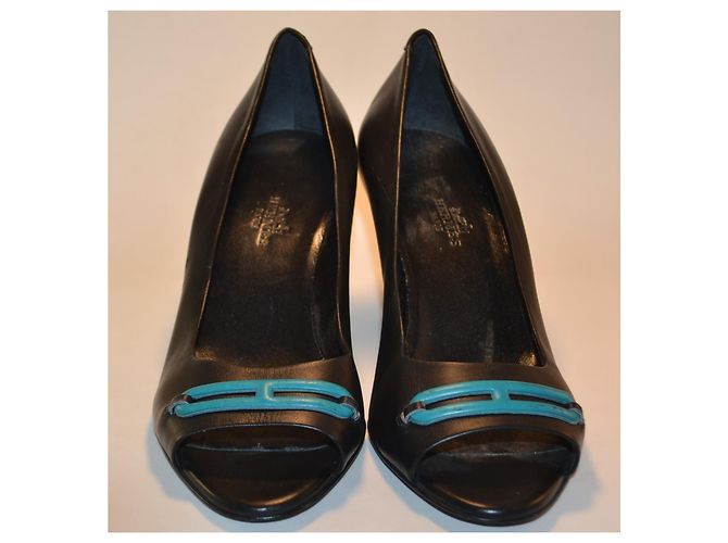Hermès Zeppe bicolore in pelle Nero Turchese - vista 2