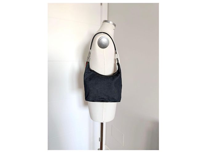 Gucci Borsa Hobo in Denim Blu con Banda Web Rosso Verde - vista 13
