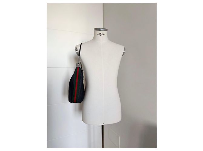 Gucci Borsa Hobo in Denim Blu con Banda Web Rosso Verde - vista 14