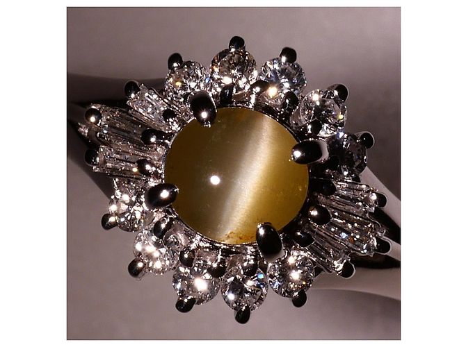 Autre Marque Platin-Ring mit Katzenauge und Diamant - Ansicht 2