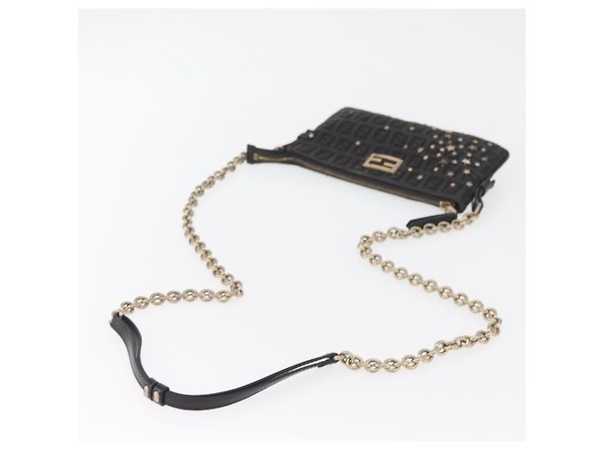 Borsa a tracolla FENDI Zucchino Canvas con catena Nero Oro Auth bs35294A D'oro - vista 7