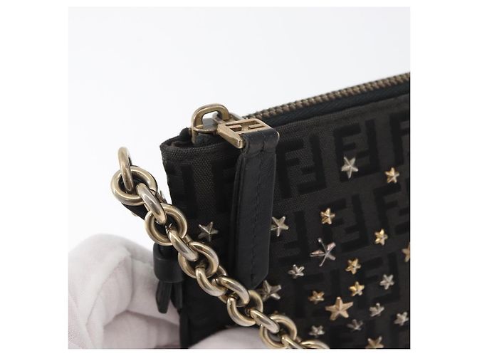 Borsa a tracolla FENDI Zucchino Canvas con catena Nero Oro Auth bs35294A D'oro - vista 9