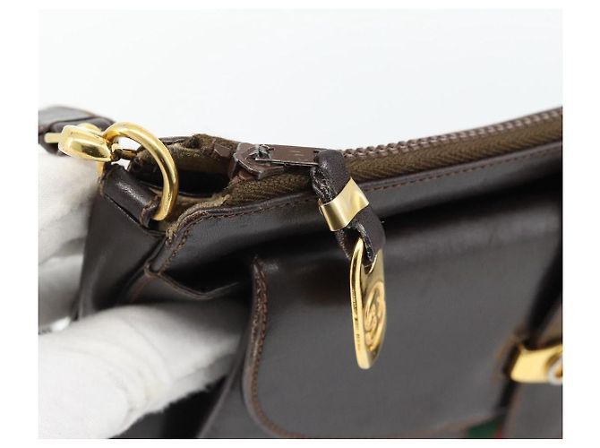 Borsa a tracolla GUCCI Web Sherry Line Pelle Marrone Rosso Verde Auth 181788 - vista 10