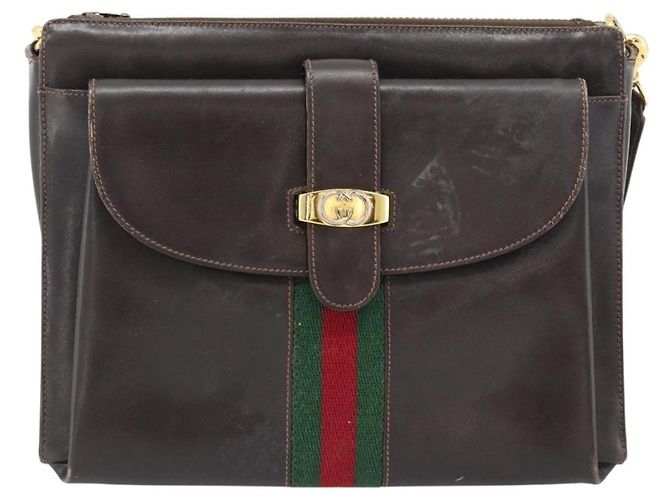 Borsa a tracolla GUCCI Web Sherry Line Pelle Marrone Rosso Verde Auth 181788 - vista 13