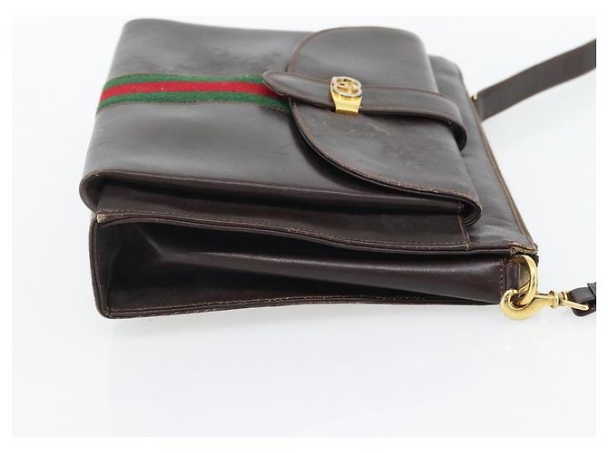 Borsa a tracolla GUCCI Web Sherry Line Pelle Marrone Rosso Verde Auth 181788 - vista 4