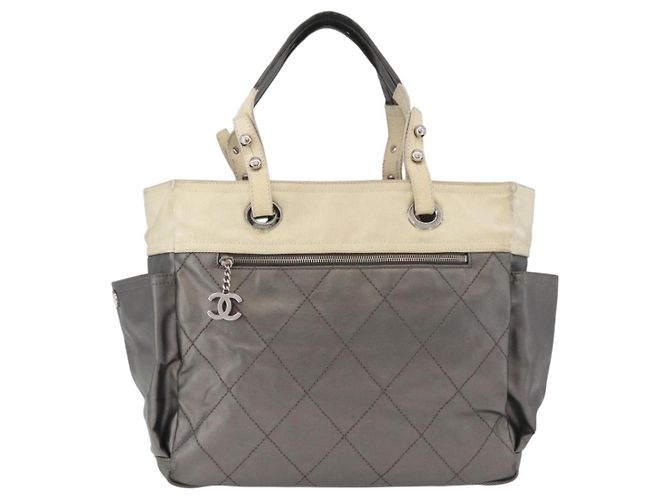 CHANEL Paris Biarritz MM Tote Bag beschichtet Canvas Silber CC Authentisch 182784 - Ansicht 13