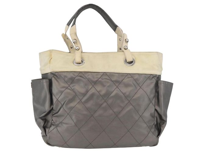 CHANEL Paris Biarritz MM Tote Bag beschichtet Canvas Silber CC Authentisch 182784 - Ansicht 2