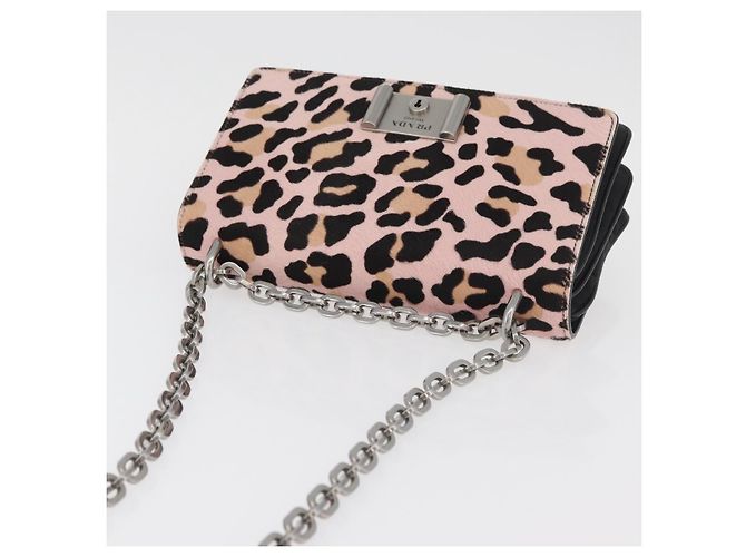 Borsa a Spalla con Catena PRADA in Pelle di Vitello Rosa Argento Auth 181937A - vista 6