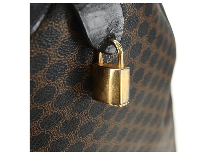Céline Borsa Boston CELINE in tela Macadam PVC Pelle Nera Oro Auth mr2439 Nero D'oro - vista 20