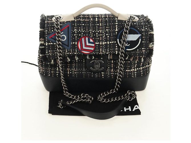Borsa a Spalla CHANEL Airline Chain Tweed 2way Nera Argento CC Auth 181416SM Nero - vista 12