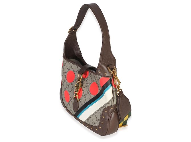 Gucci Beige GG Supreme Monogram Canvas Web Geometric Studded Small Jackie 1961 H Marrone Multicolore - vista 3