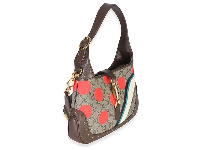 Gucci Beige GG Supreme Monogram Canvas Web Geometric Studded Small Jackie 1961 H Marrone Multicolore - vista 4