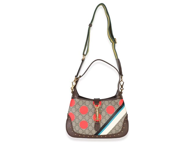 Gucci Beige GG Supreme Monogram Canvas Web Geometric Studded Small Jackie 1961 H Marrone Multicolore - vista 5