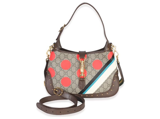 Gucci Beige GG Supreme Monogram Canvas Web Geometric Studded Small Jackie 1961 H Marrone Multicolore - vista 8