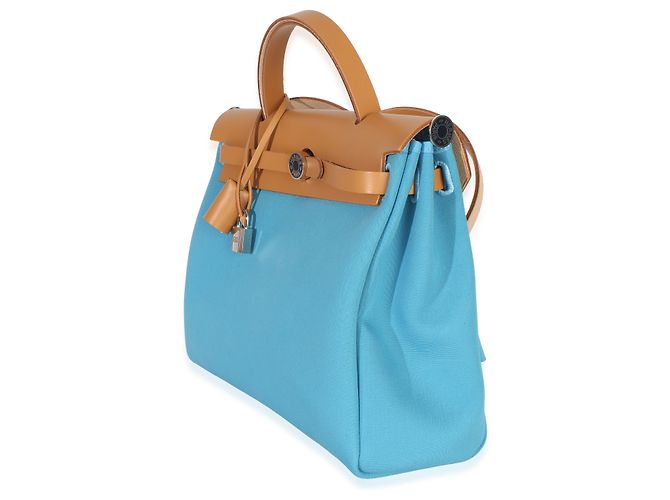 Hermès Bleu Azteque Toile Vache Hunter Herbag Zip 31 PM PHW Blu - vista 3