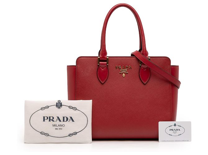 Borsa Tote Convertibile Prada Red Soft Calf Trimmed Saffiano Lux Zip Vermelho - vista 7
