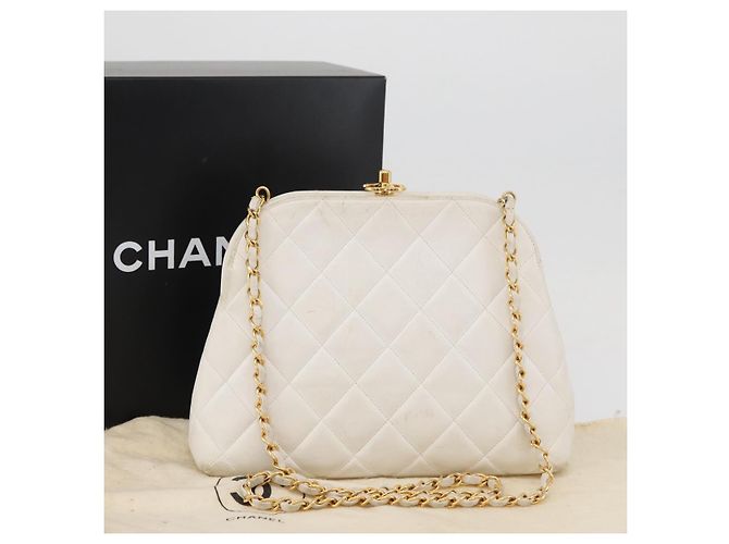 CHANEL Borsa a Spalla Matelasse con Catena in Pelle di Agnello Bianco Oro CC Auth 181776V D'oro - vista 12