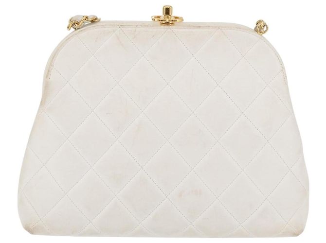 CHANEL Borsa a Spalla Matelasse con Catena in Pelle di Agnello Bianco Oro CC Auth 181776V D'oro - vista 13