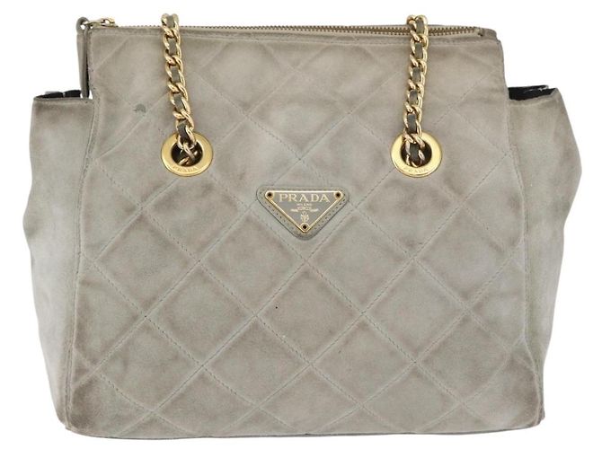 Borsa a Spalla con Catena PRADA in Scamosciato Grigio e Oro Auth bs35411 Marrone D'oro - vista 13