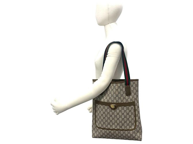 Gucci Old Sherry Line GG Muster Leder Tote Bag Braun Rot Grün - Ansicht 2