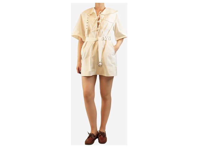 Ganni Minivestido de algodón marfil con cinturón - talla UK 8 Blanco - vista 3