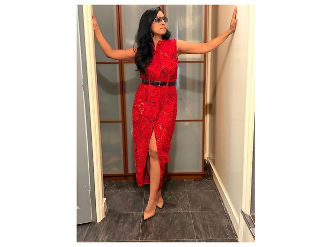 Vestido midi Prada rojo de encaje de guipur y algodón con cinturón Roja - vista 10