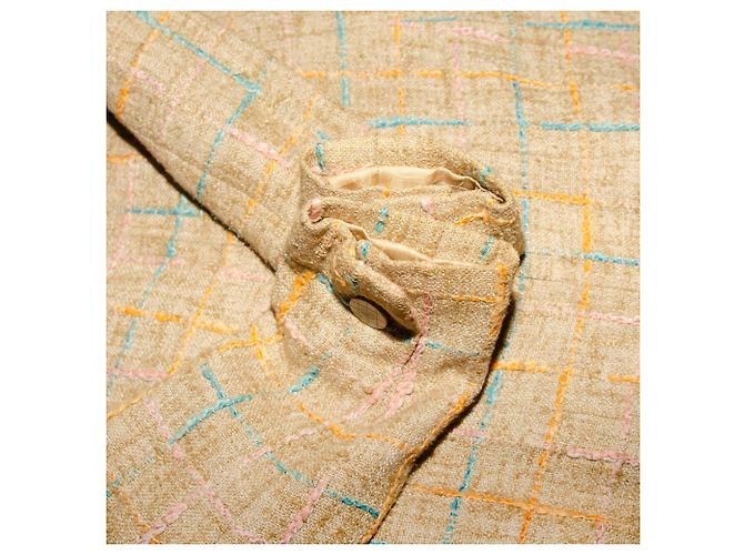 Giacca in tweed Chanel con zip Rosa Beige Giallo Blu chiaro - vista 8