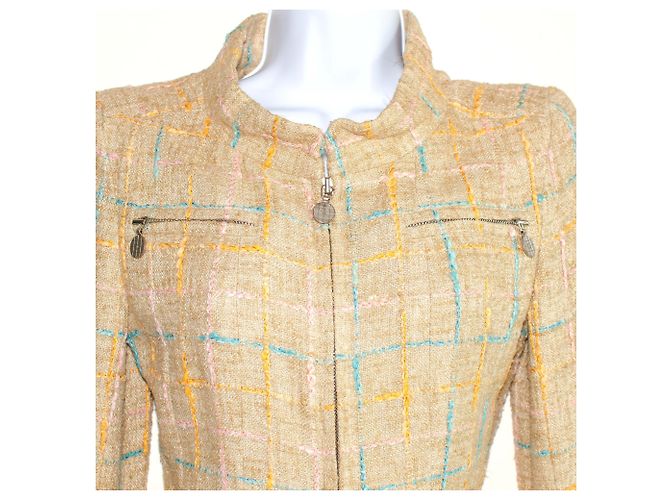 Giacca in tweed Chanel con zip Rosa Beige Giallo Blu chiaro - vista 9