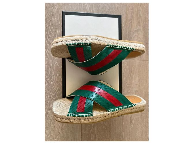 Gucci Ciabatte Espadrilles in Pelle Verde e Rossa Rosso - vista 5