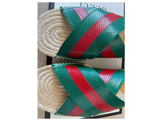 Gucci Ciabatte Espadrilles in Pelle Verde e Rossa Rosso - vista 8