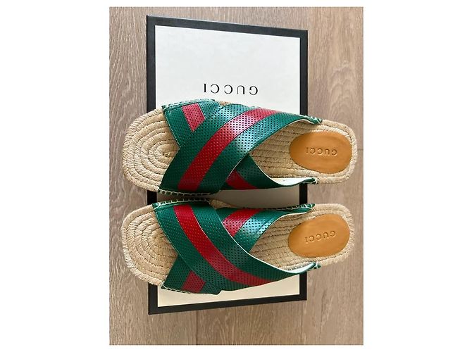 Gucci Ciabatte Espadrilles in Pelle Verde e Rossa Rosso - vista 9