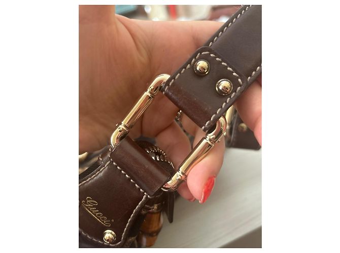 Gucci Borsa Hobo Bamboo Horsebit Monogramma GG Marrone Nero D'oro - vista 10