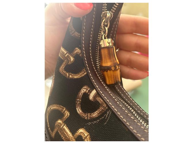 Gucci Borsa Hobo Bamboo Horsebit Monogramma GG Marrone Nero D'oro - vista 12