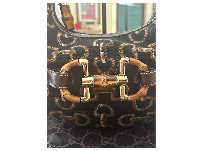 Gucci Borsa Hobo Bamboo Horsebit Monogramma GG Marrone Nero D'oro - vista 13