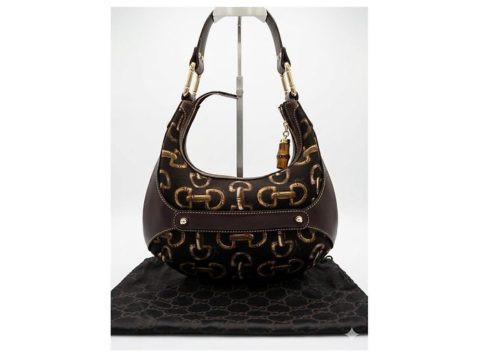Gucci Borsa Hobo Bamboo Horsebit Monogramma GG Marrone Nero D'oro - vista 2