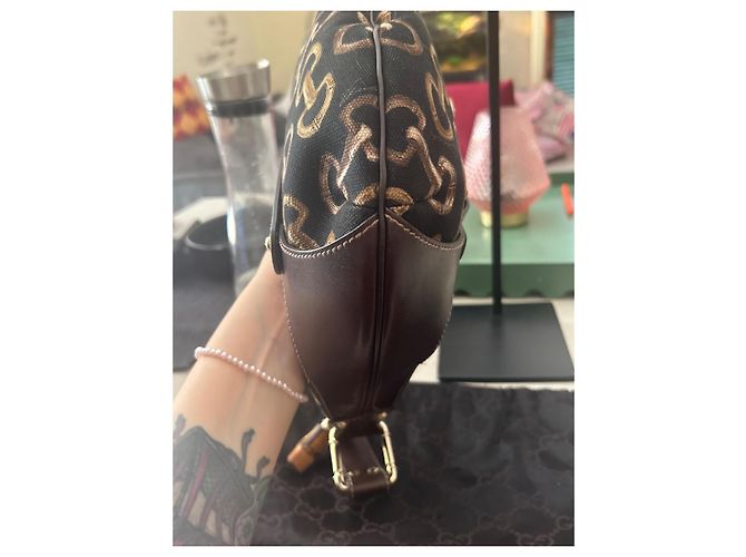 Gucci Borsa Hobo Bamboo Horsebit Monogramma GG Marrone Nero D'oro - vista 7