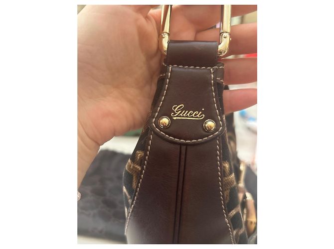 Gucci Borsa Hobo Bamboo Horsebit Monogramma GG Marrone Nero D'oro - vista 8