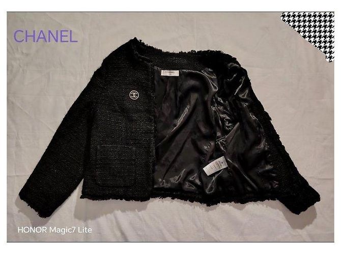 Chanel Giacca in tweed nero con logo CC - vista 5