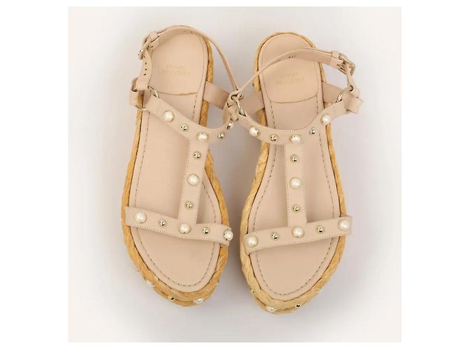 Stuart Weitzman Sandali con zeppa in pelle beige e perle - vista 4