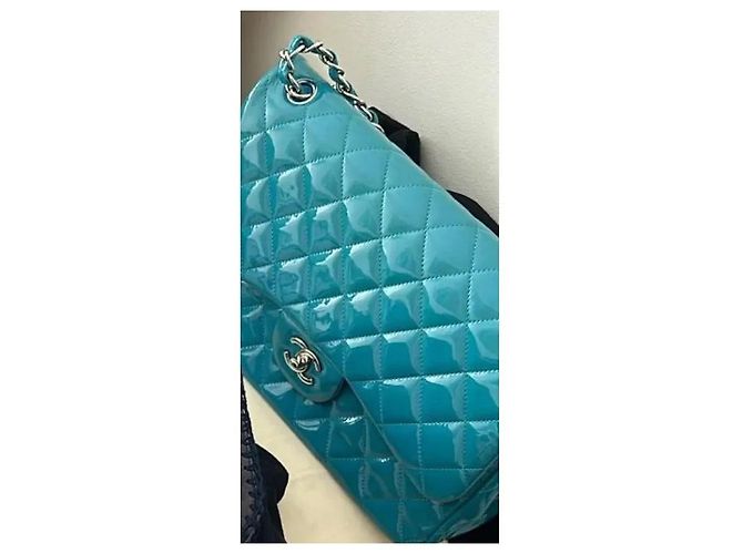 Chanel Classic Flap Jumbo in Pelle Vernice Blu Petrolio Turchese - vista 2