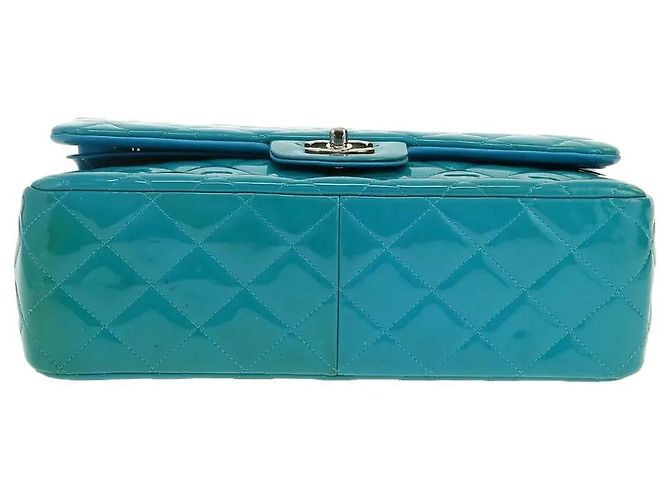 Chanel Classic Flap Jumbo in Pelle Vernice Blu Petrolio Turchese - vista 4