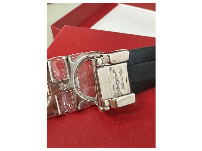 Salvatore Ferragamo Gancini Ledergürtel Schwarz Silber Silber Hardware - Ansicht 5