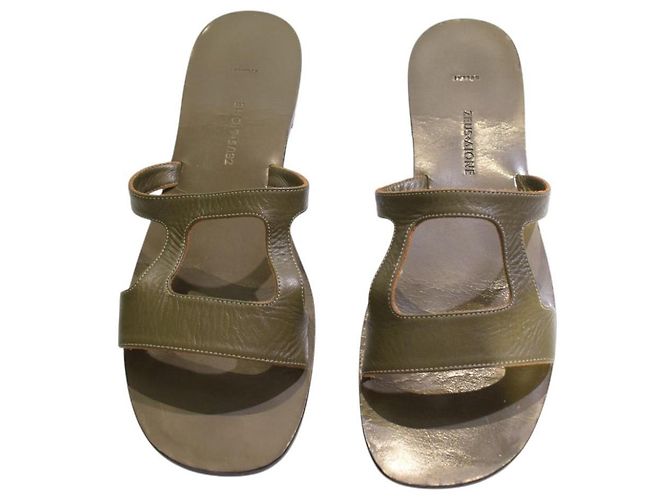 Autre Marque Zeus+Dione Sandalias planas de cuero H-Strap - Khaki Olive Green Verde - vista 4