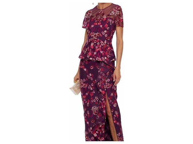 Autre Marque Marchesa Notte Florales Besticktes Peplum-Abendkleid Pink Bordeaux Lila - Ansicht 4